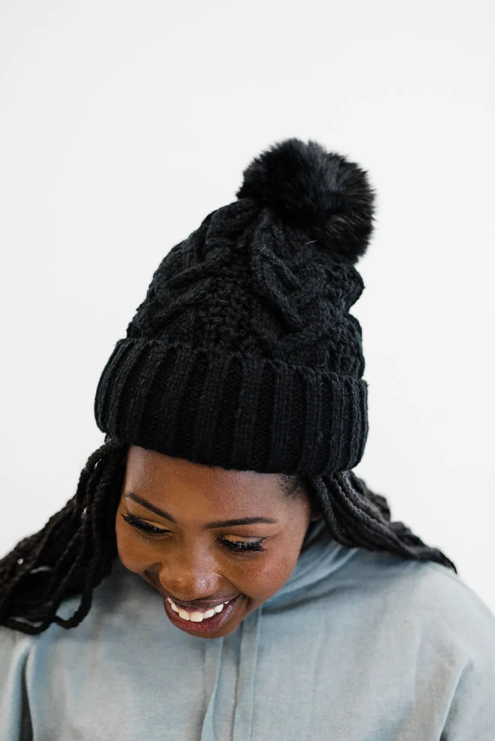 Sage Cable Knit Pom Beanie - Final Sale
