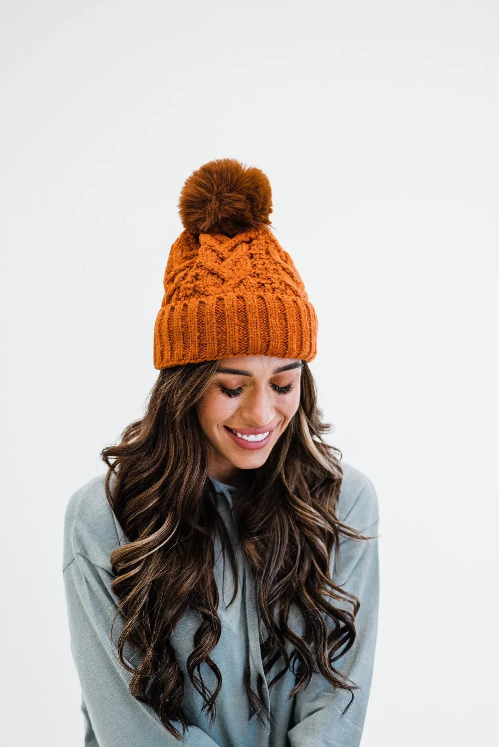 Sage Cable Knit Pom Beanie - Final Sale