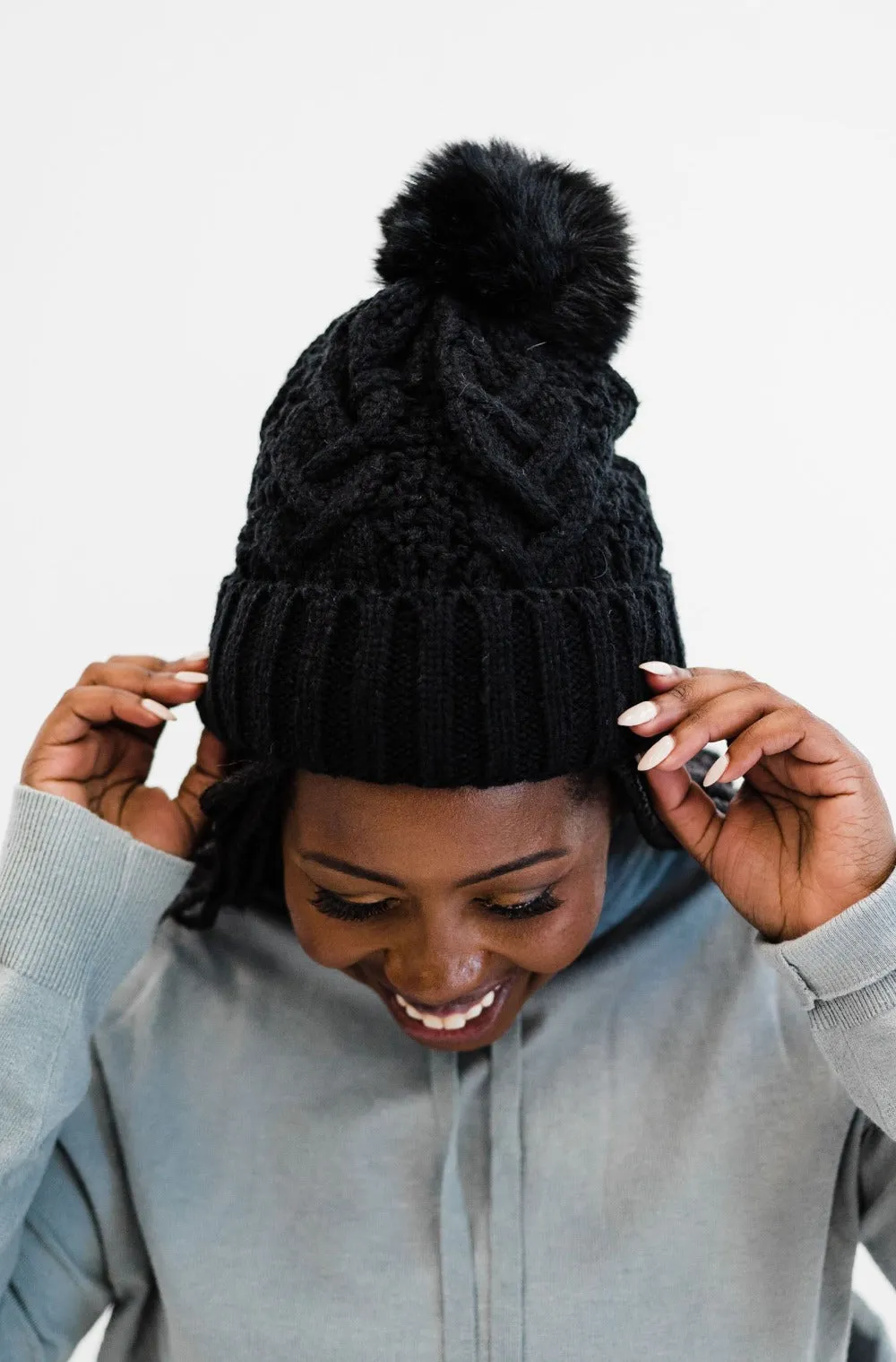 Sage Cable Knit Pom Beanie - Final Sale