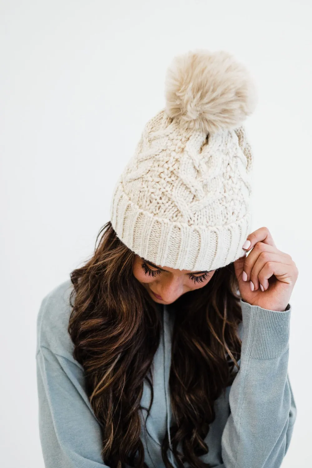 Sage Cable Knit Pom Beanie - Final Sale