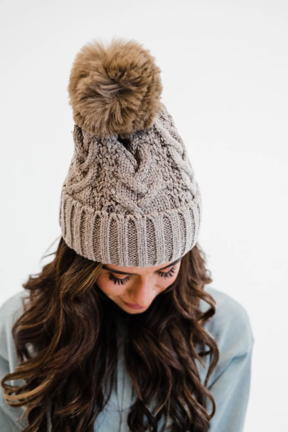Sage Cable Knit Pom Beanie - Final Sale