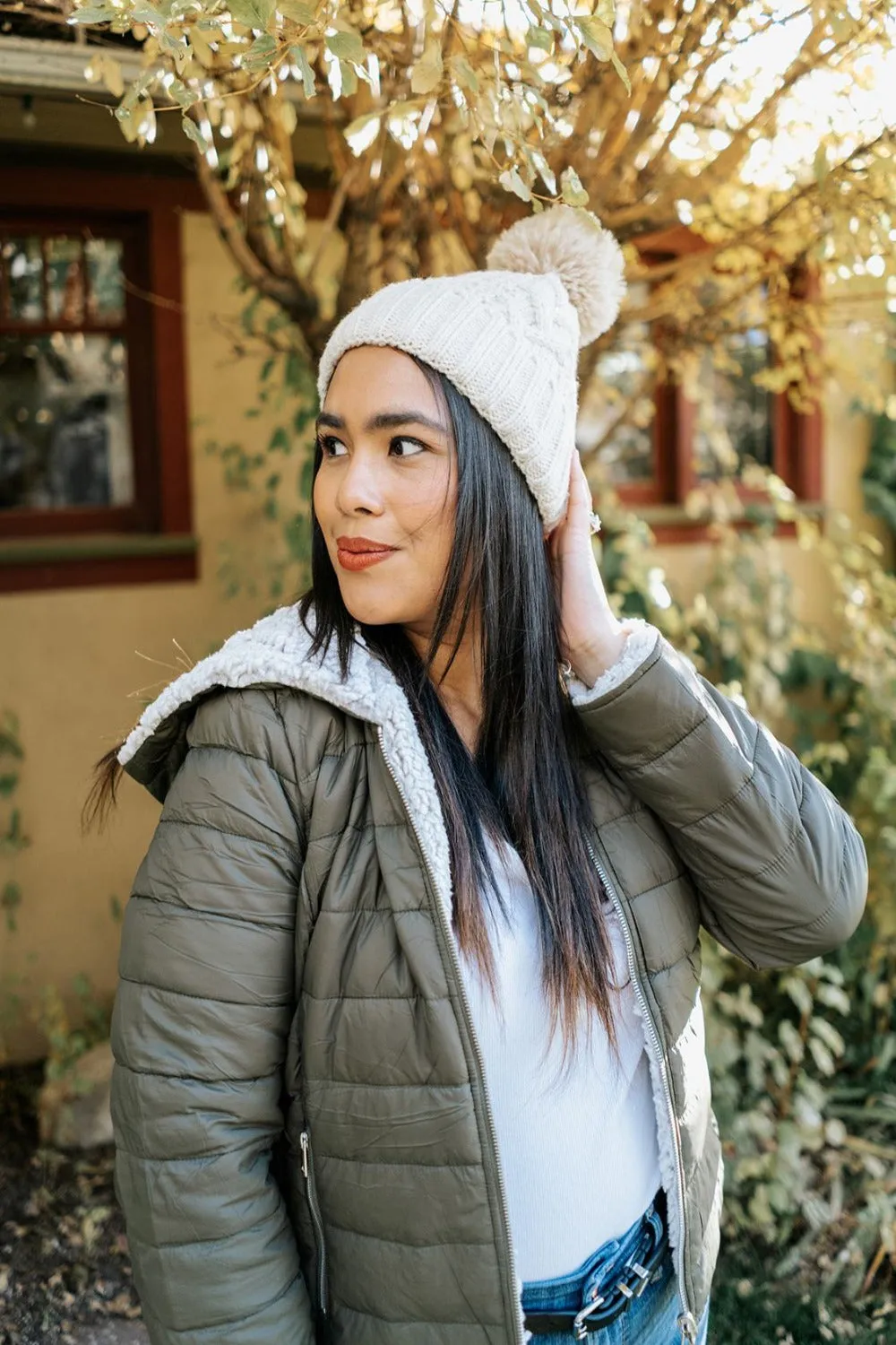 Sage Cable Knit Pom Beanie - Final Sale