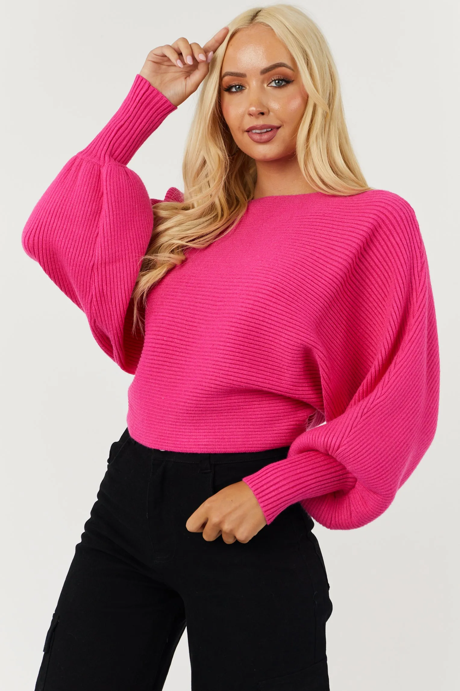 She Sky Hot Pink Boat Neckline Dolman Sleeve Sweater