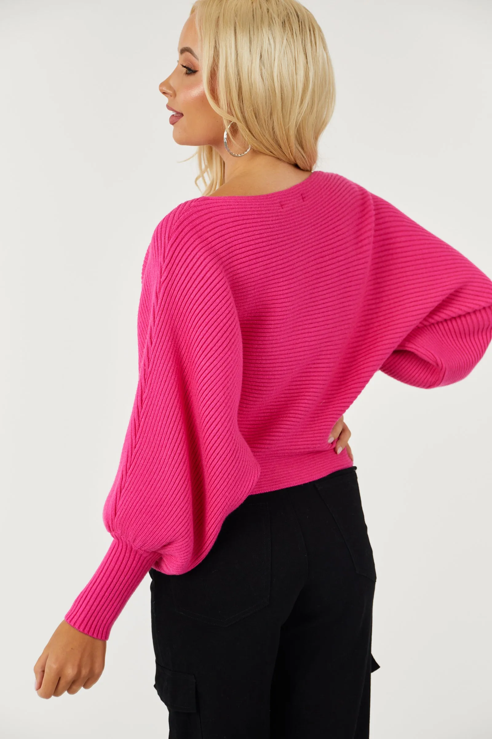 She Sky Hot Pink Boat Neckline Dolman Sleeve Sweater