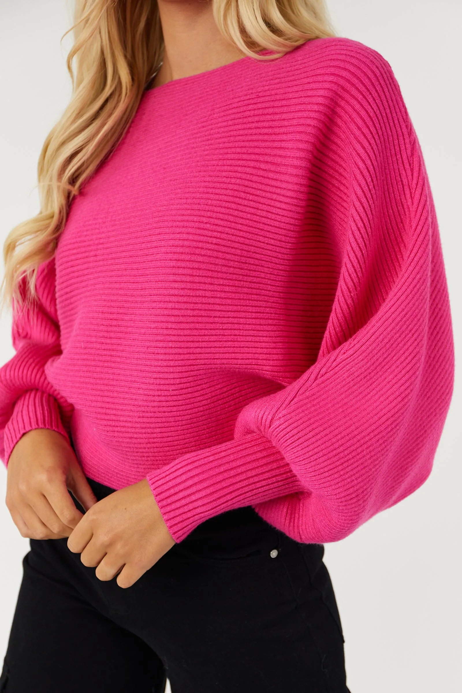 She Sky Hot Pink Boat Neckline Dolman Sleeve Sweater