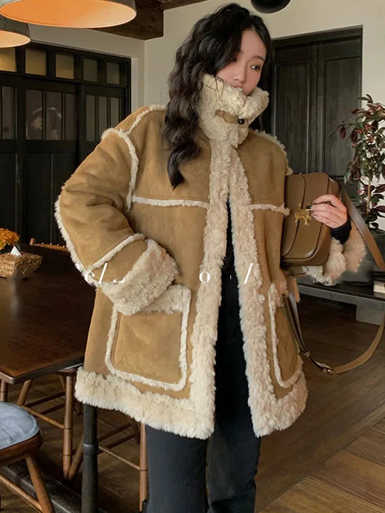 Toleet-Winter Outfits Christmas Black Friday Autumn/Winter New Suede Jacket  Lamb Fur Integrated Coat Women's Thickened Sheepskin Fashion Loose Parka Coat Women Outerwear