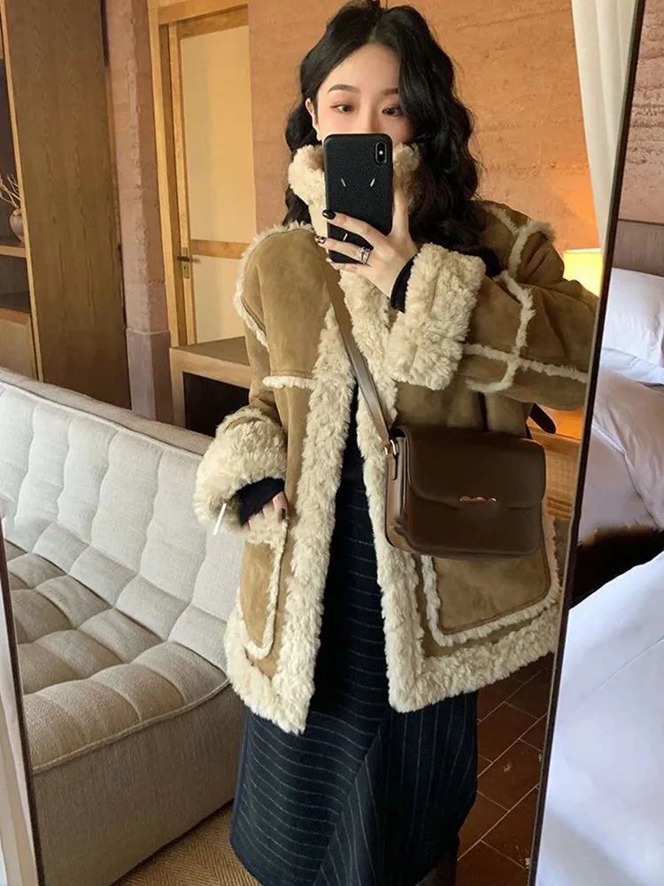 Toleet-Winter Outfits Christmas Black Friday Autumn/Winter New Suede Jacket  Lamb Fur Integrated Coat Women's Thickened Sheepskin Fashion Loose Parka Coat Women Outerwear