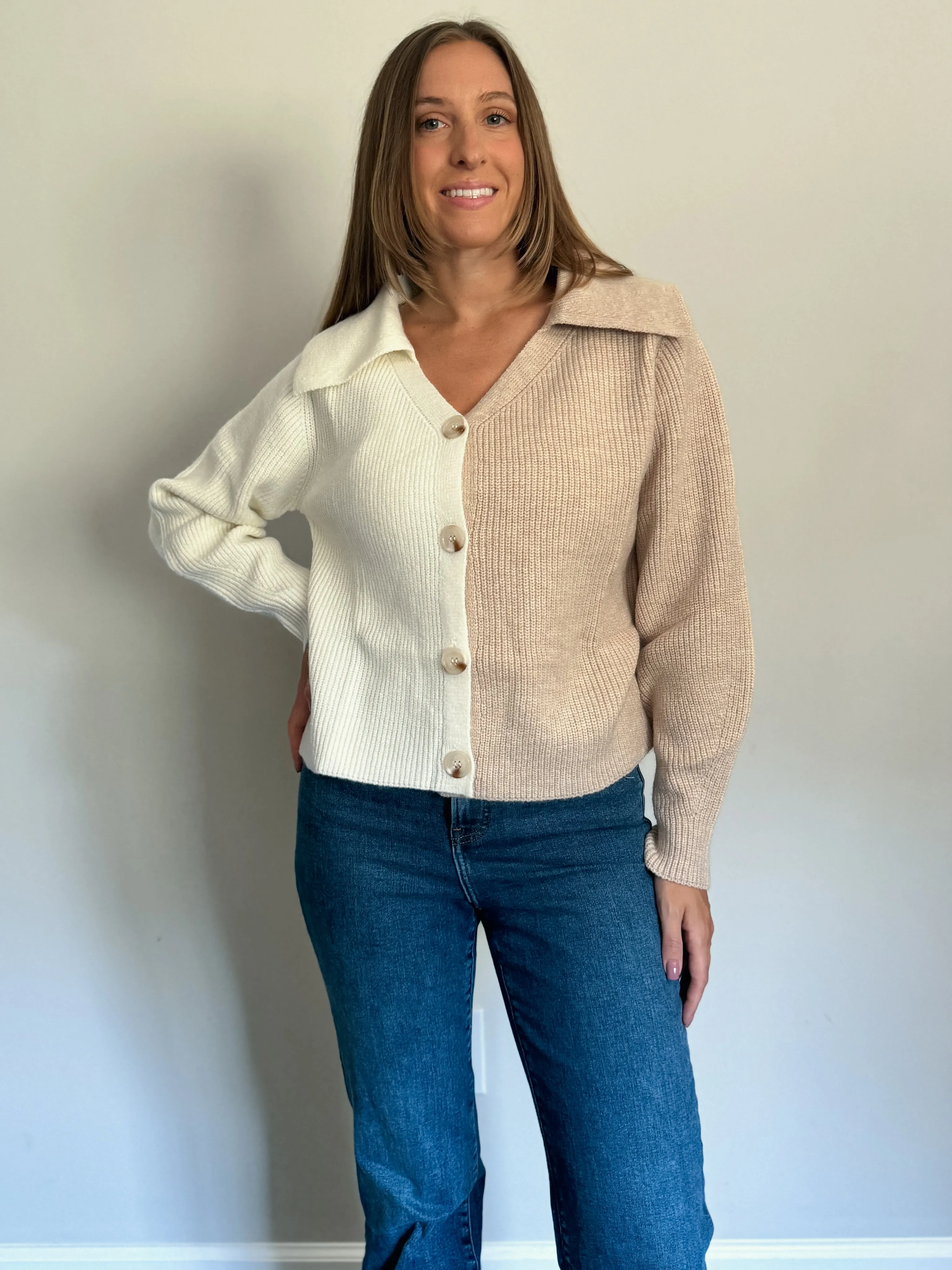 Two Tone V-Neck Cardigan