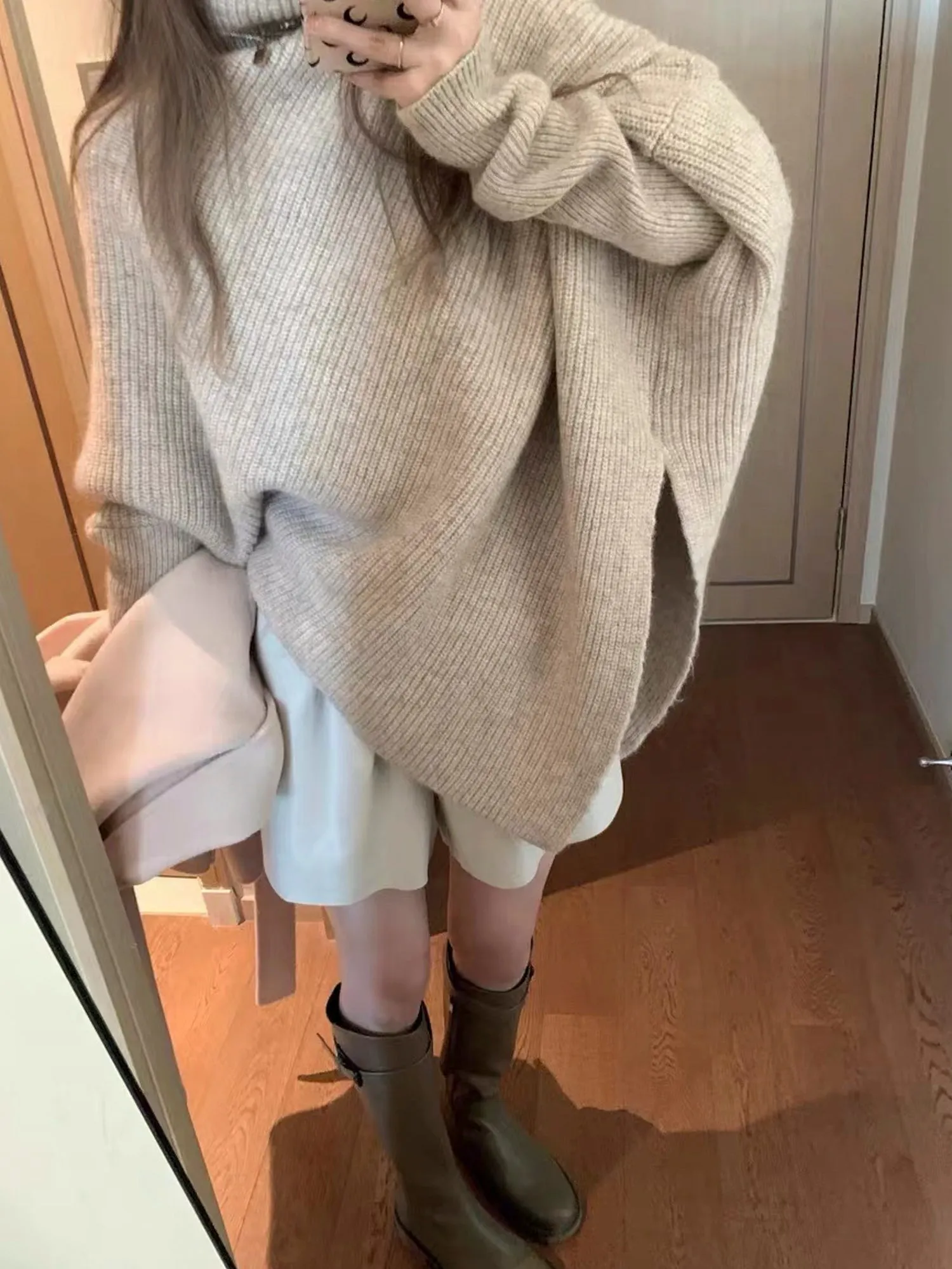 Unique Design High-Neck Long Sleeve Sweater for Women Cozy Irregular Fall/Winter Knitwear Gift for Her Christmas Gift