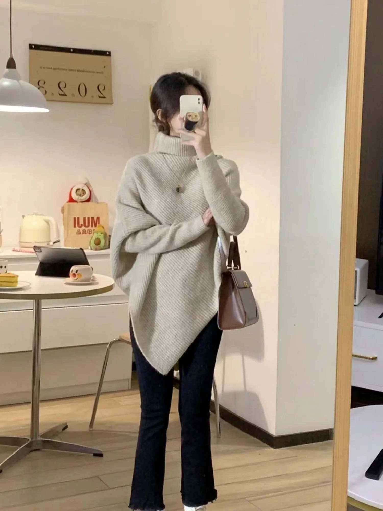 Unique Design High-Neck Long Sleeve Sweater for Women Cozy Irregular Fall/Winter Knitwear Gift for Her Christmas Gift