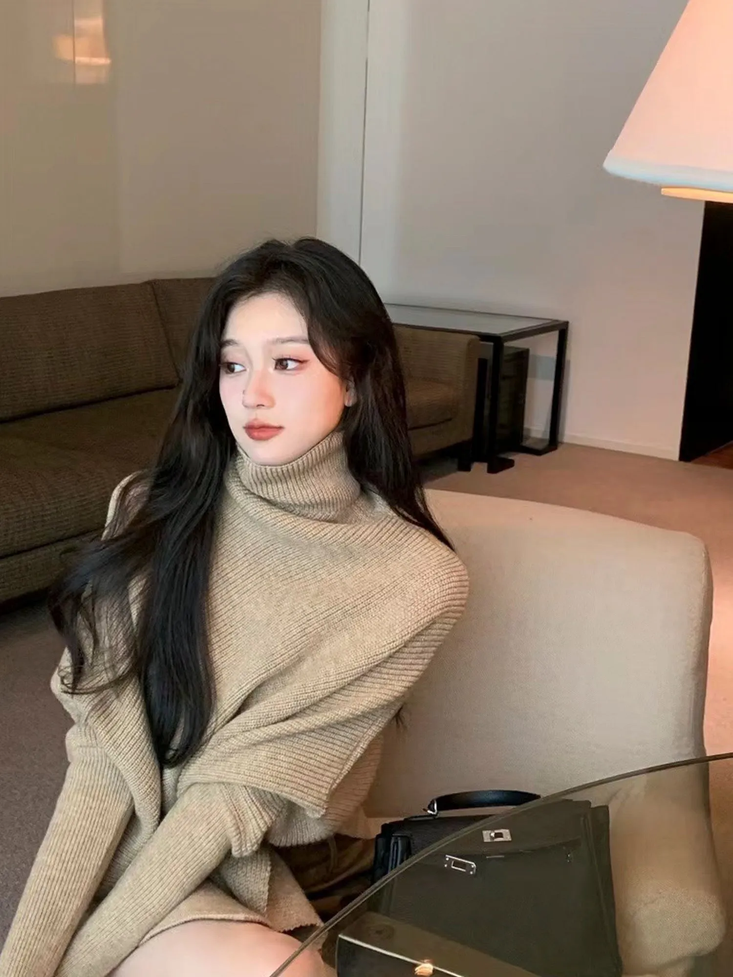 Unique Design High-Neck Long Sleeve Sweater for Women Cozy Irregular Fall/Winter Knitwear Gift for Her Christmas Gift