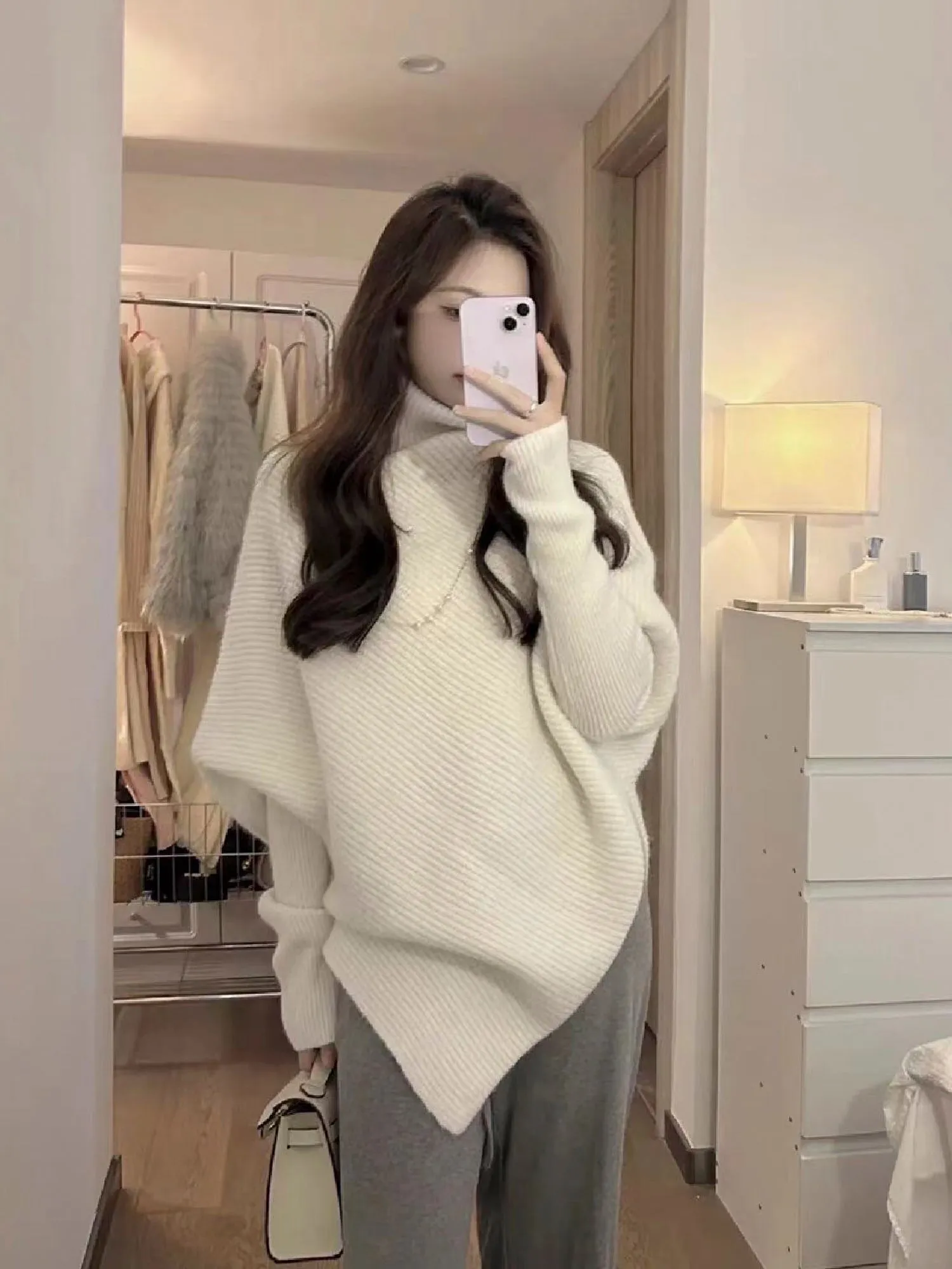 Unique Design High-Neck Long Sleeve Sweater for Women Cozy Irregular Fall/Winter Knitwear Gift for Her Christmas Gift