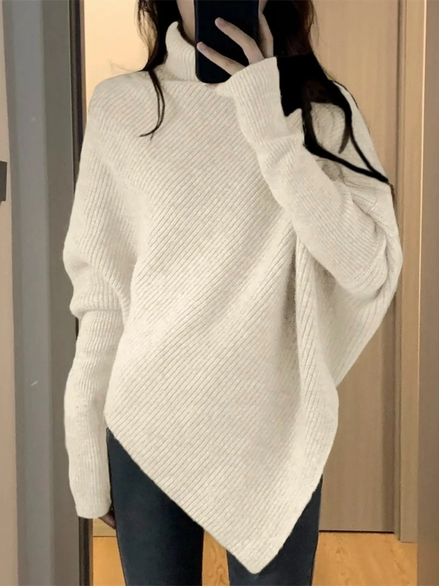 Unique Design High-Neck Long Sleeve Sweater for Women Cozy Irregular Fall/Winter Knitwear Gift for Her Christmas Gift