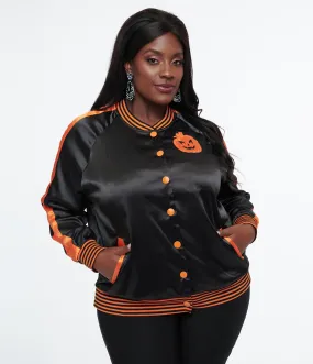 Unique Vintage Plus Size Black & Orange Scream Queen Satin Bomber Jacket