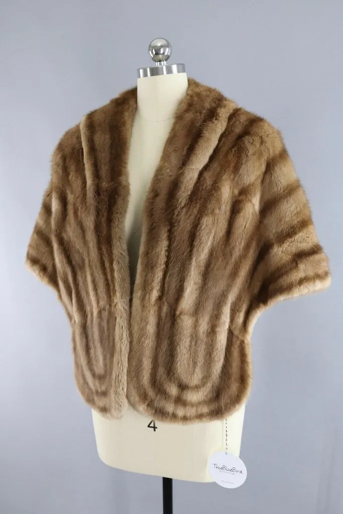 Vintage 1940s to 1950s Brown Striped Fur Stole Cape