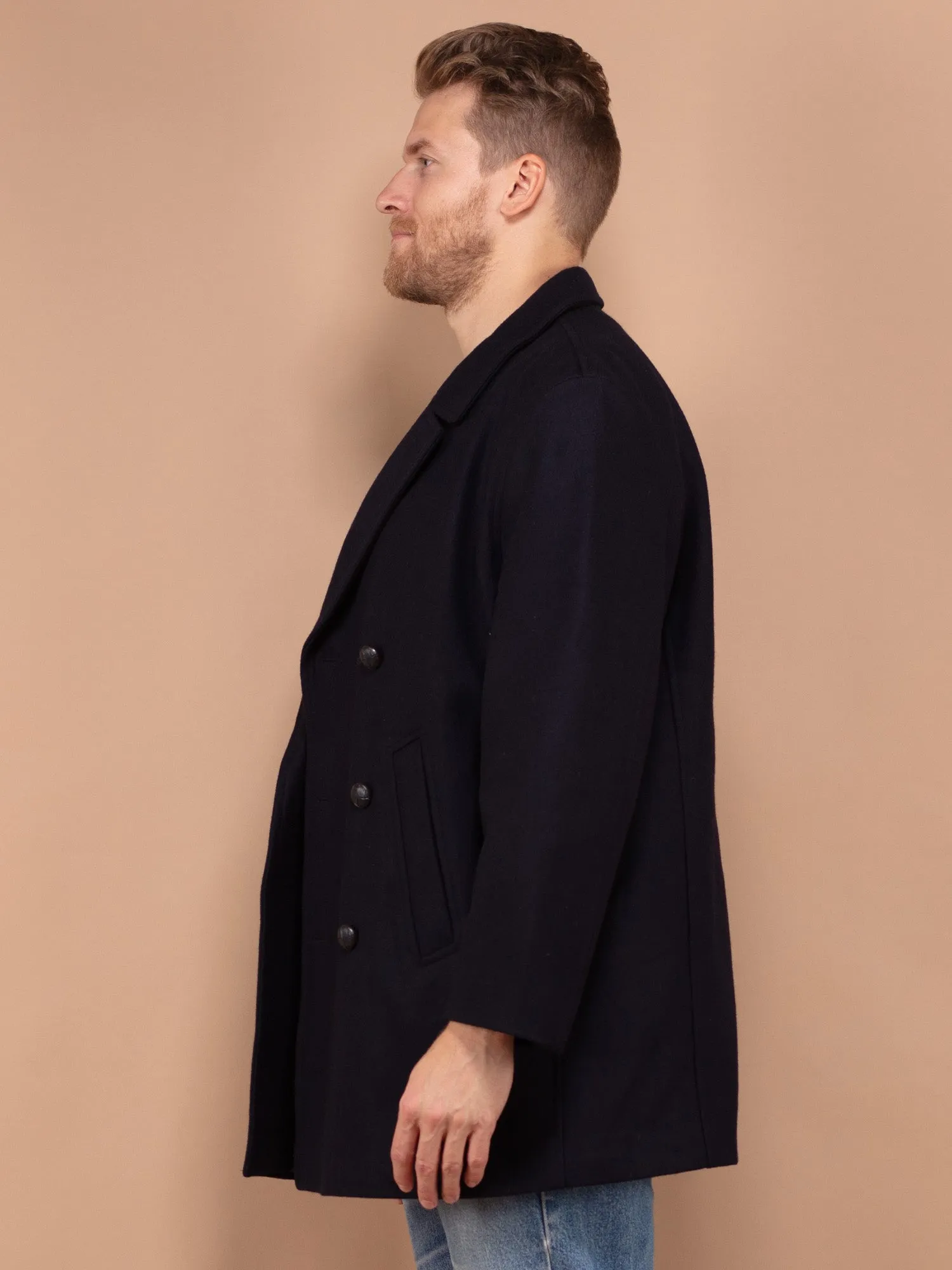 Vintage 80's Men Wool Blend Peacoat in Navy Blue
