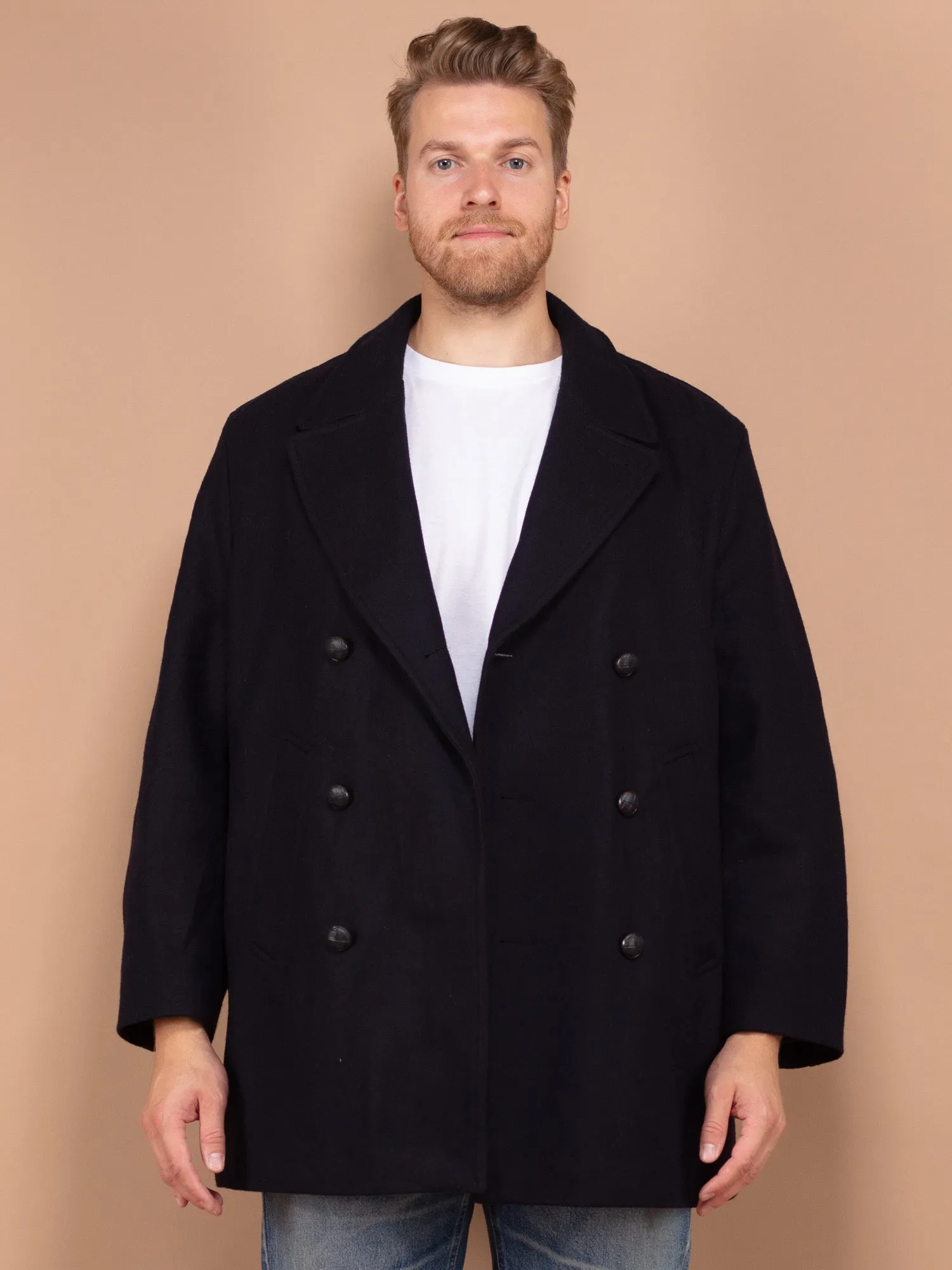 Vintage 80's Men Wool Blend Peacoat in Navy Blue