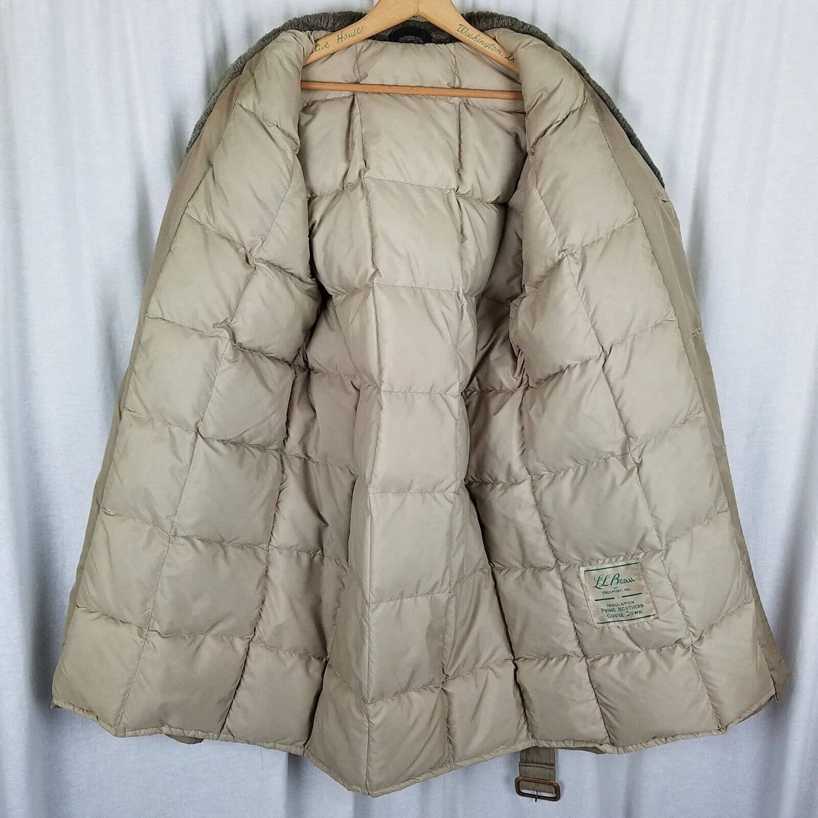 Vintage LL Bean Mouton Fur Collar Down Belted Trench Coat Parka Mens M Peacoat