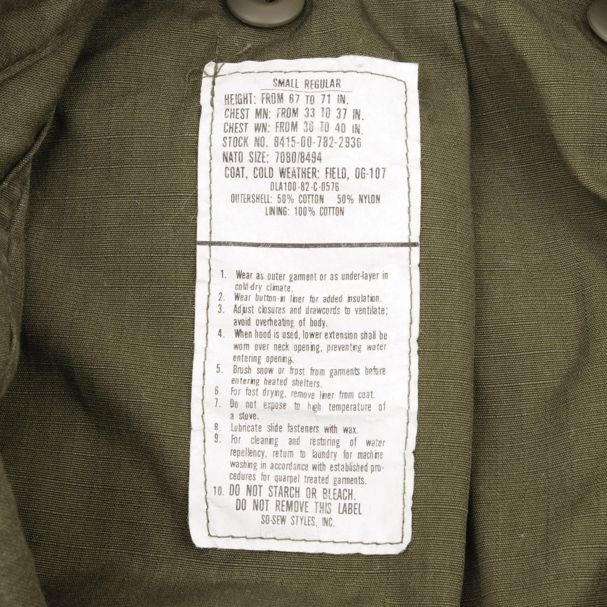 VINTAGE US ARMY M-1965 M65 1982 FIELD JACKET PATCHED SIZE SMALL REGULAR