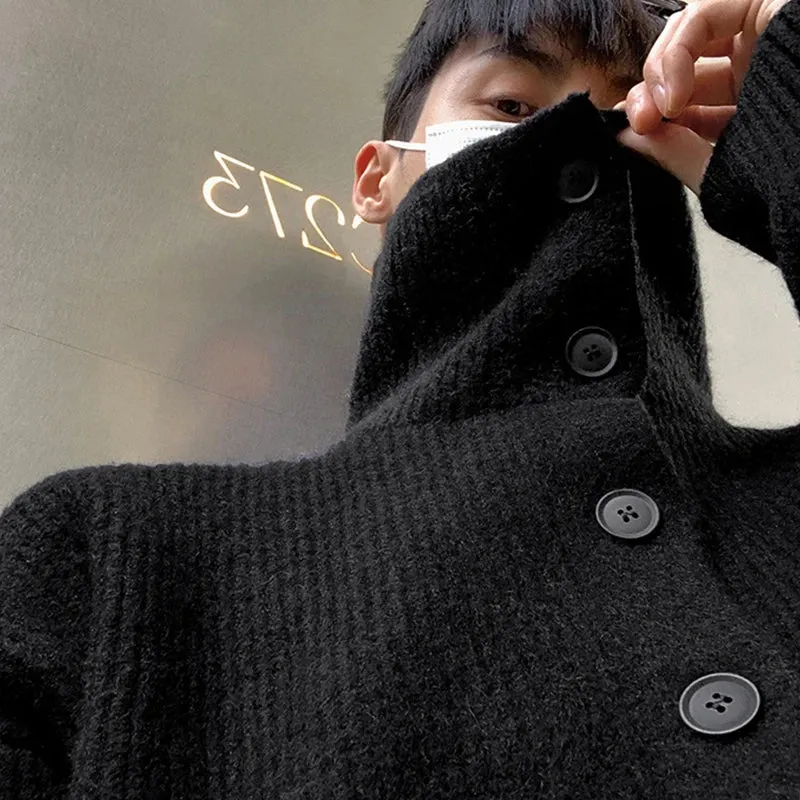 Wiaofellas  -  Winter Clothing Men's Luxury Knitted Jacquard Turtleneck Cardigan Sweatercoat Long Sleeve Casual Buttons Solid Color Coat