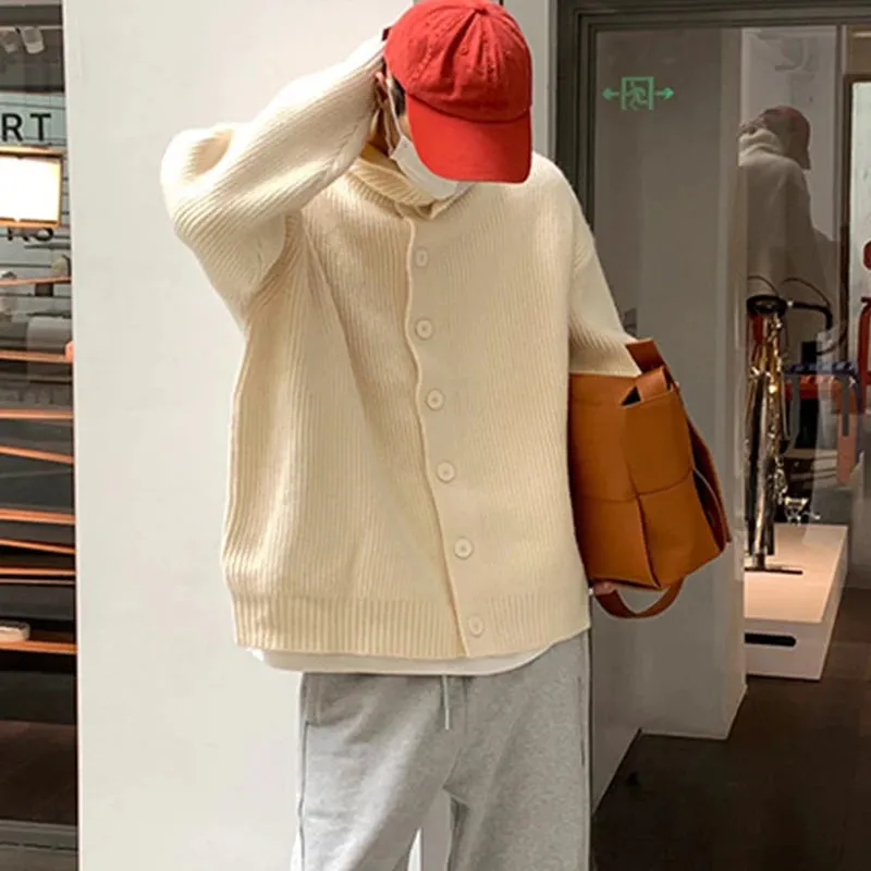Wiaofellas  -  Winter Clothing Men's Luxury Knitted Jacquard Turtleneck Cardigan Sweatercoat Long Sleeve Casual Buttons Solid Color Coat