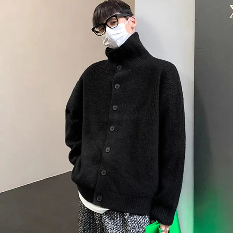 Wiaofellas  -  Winter Clothing Men's Luxury Knitted Jacquard Turtleneck Cardigan Sweatercoat Long Sleeve Casual Buttons Solid Color Coat