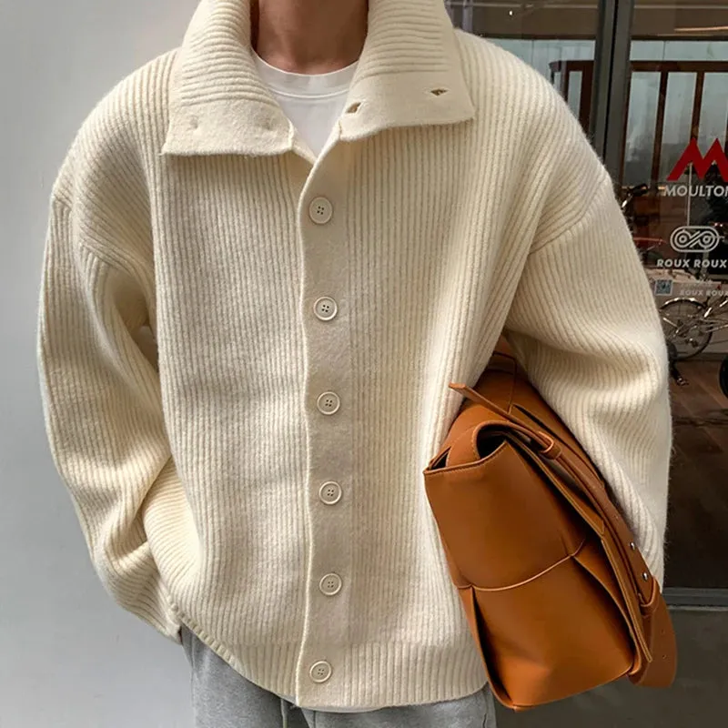 Wiaofellas  -  Winter Clothing Men's Luxury Knitted Jacquard Turtleneck Cardigan Sweatercoat Long Sleeve Casual Buttons Solid Color Coat
