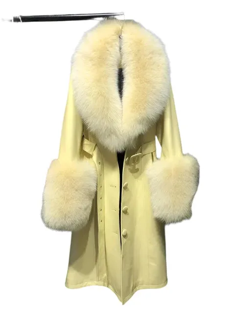 Women's Genuine Leather Coat - Long Coat with Fluffy Fur Collar & Cuffs
