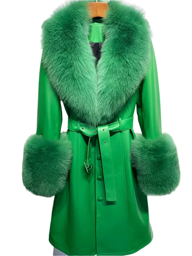 Women's Genuine Leather Coat - Long Coat with Fluffy Fur Collar & Cuffs