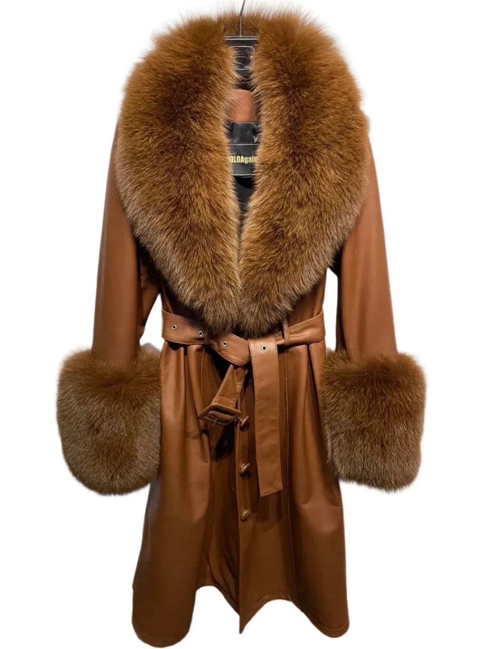 Women's Genuine Leather Coat - Long Coat with Fluffy Fur Collar & Cuffs