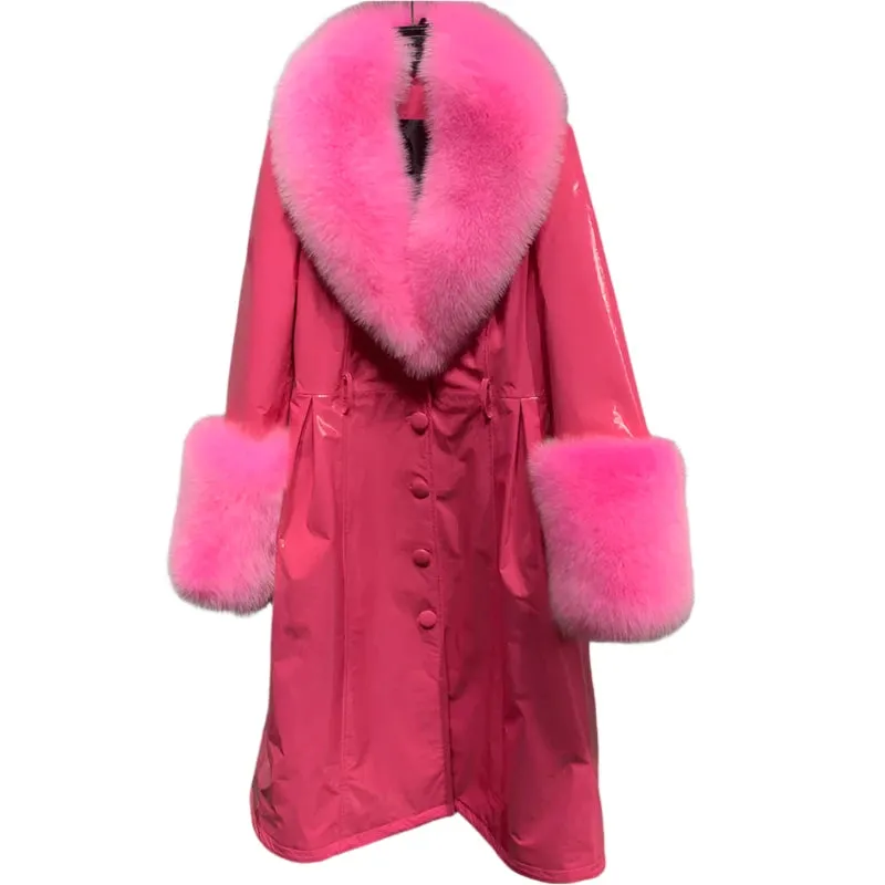 Women's Genuine Leather Coat - Long Coat with Fluffy Fur Collar & Cuffs