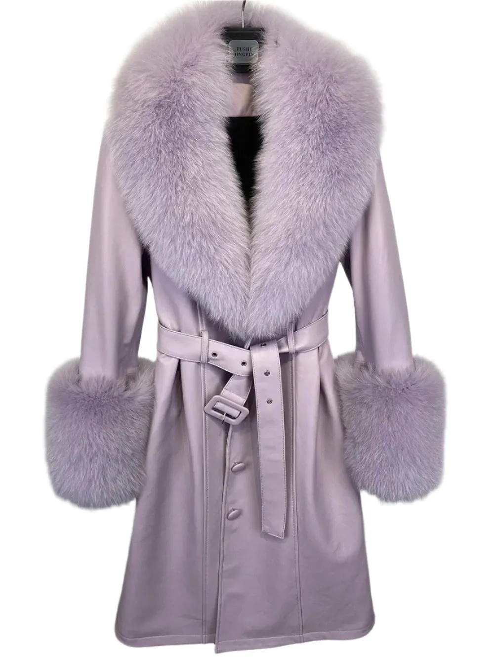 Women's Genuine Leather Coat - Long Coat with Fluffy Fur Collar & Cuffs