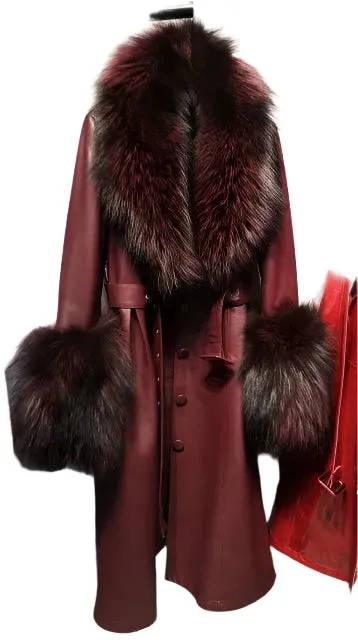 Women's Genuine Leather Coat - Long Coat with Fluffy Fur Collar & Cuffs