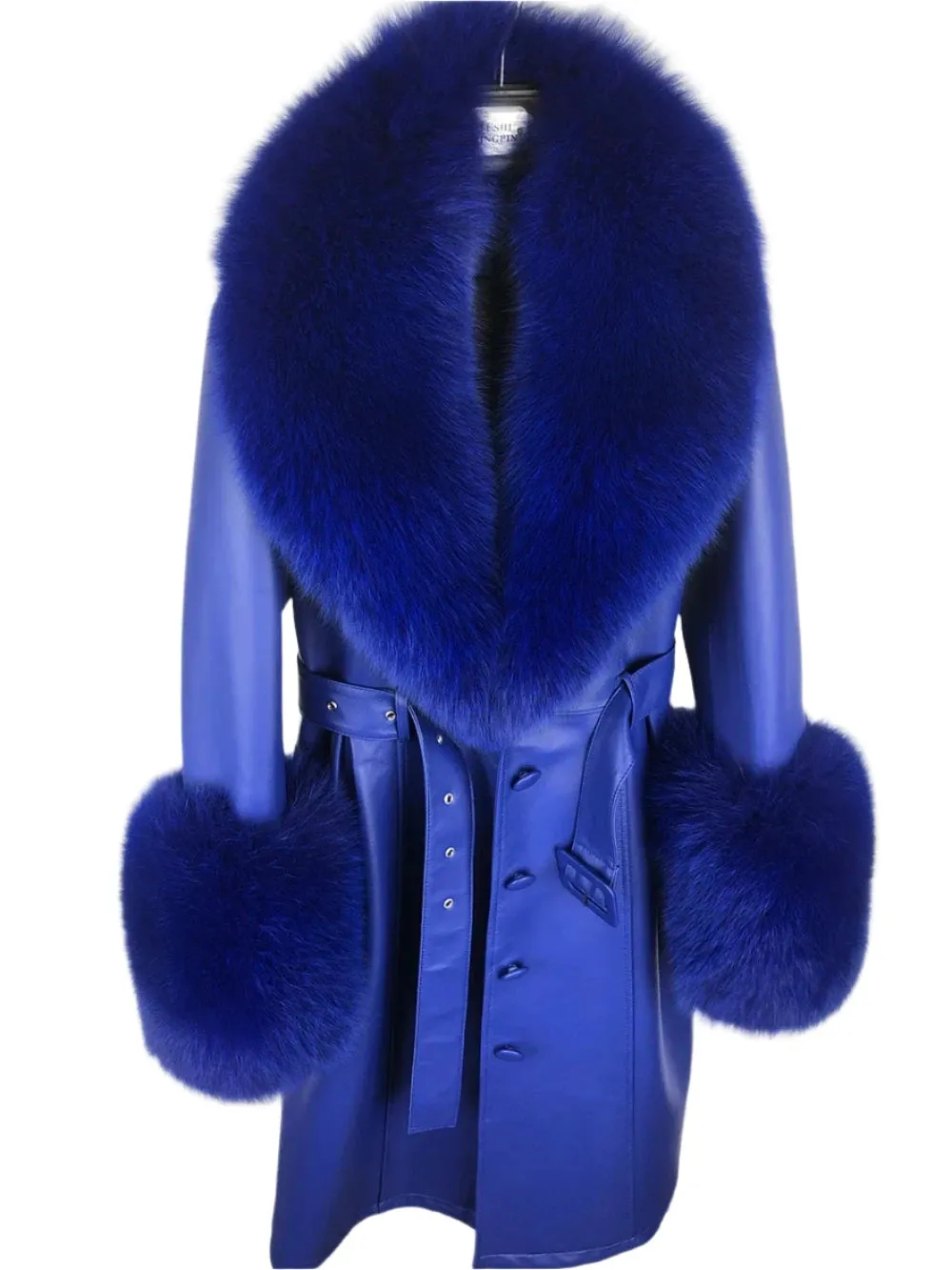 Women's Genuine Leather Coat - Long Coat with Fluffy Fur Collar & Cuffs