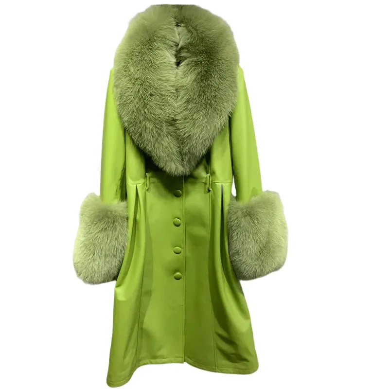 Women's Genuine Leather Coat - Long Coat with Fluffy Fur Collar & Cuffs
