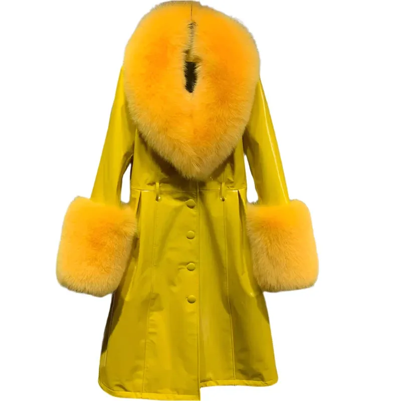 Women's Genuine Leather Coat - Long Coat with Fluffy Fur Collar & Cuffs