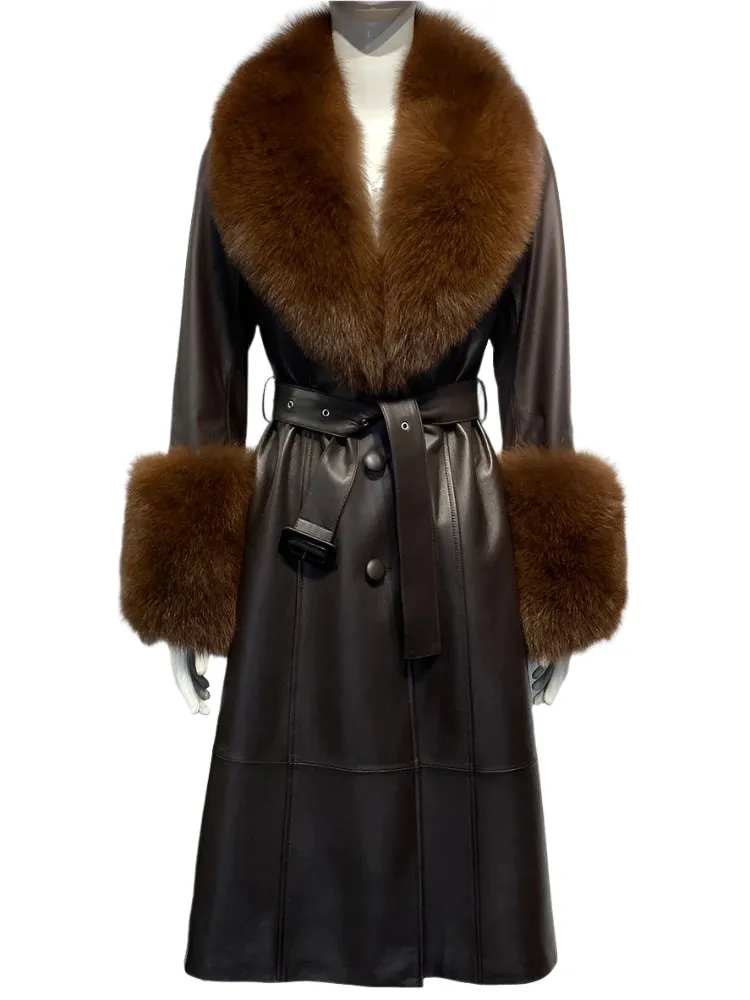 Women's Genuine Leather Coat - Long Coat with Fluffy Fur Collar & Cuffs