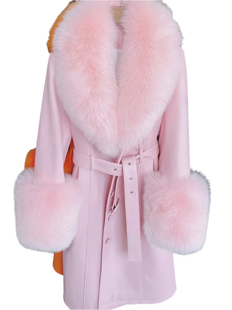 Women's Genuine Leather Coat - Long Coat with Fluffy Fur Collar & Cuffs