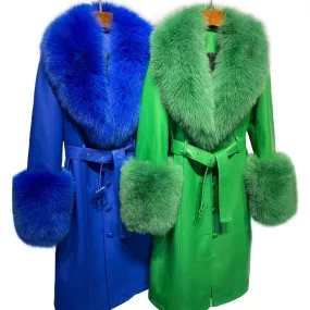 Women's Genuine Leather Coat - Long Coat with Fluffy Fur Collar & Cuffs
