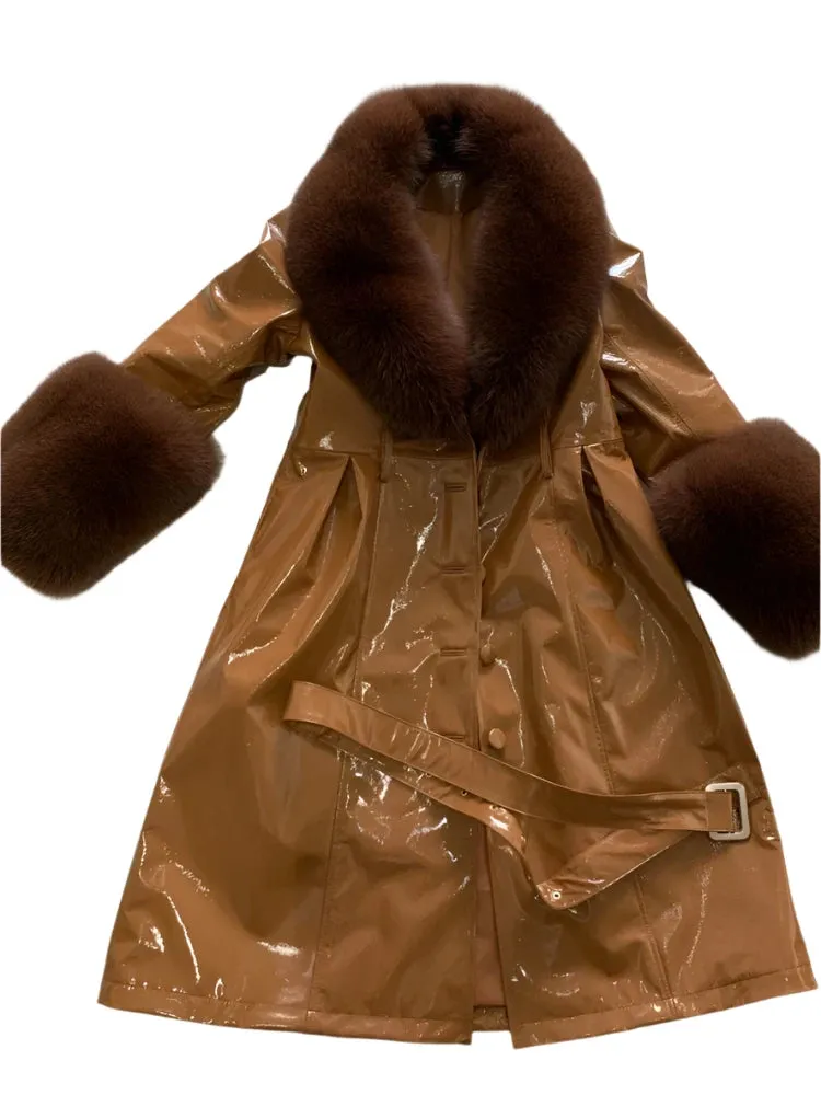 Women's Genuine Leather Coat - Long Coat with Fluffy Fur Collar & Cuffs