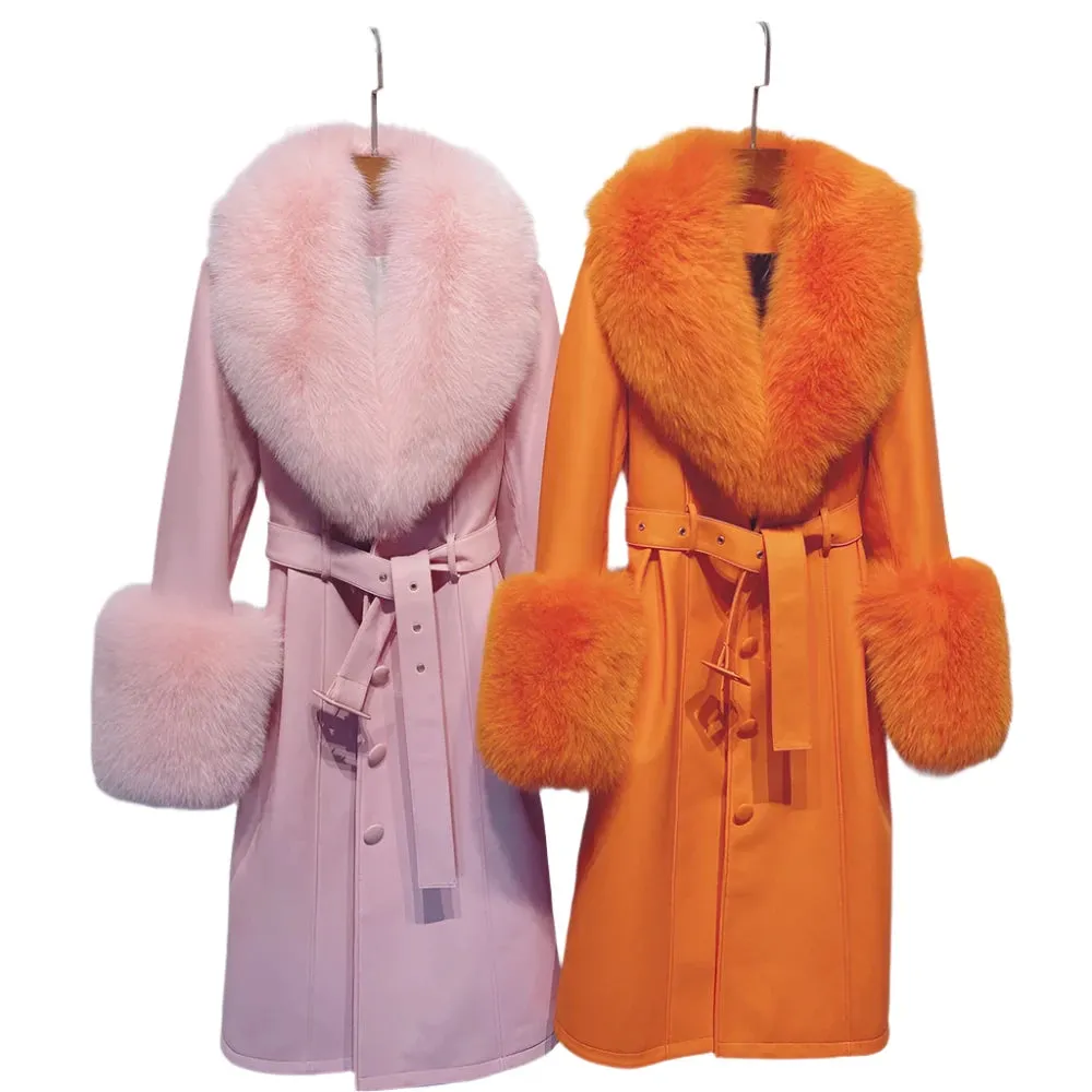 Women's Genuine Leather Coat - Long Coat with Fluffy Fur Collar & Cuffs