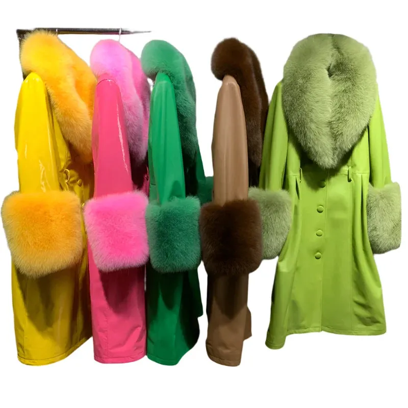Women's Genuine Leather Coat - Long Coat with Fluffy Fur Collar & Cuffs