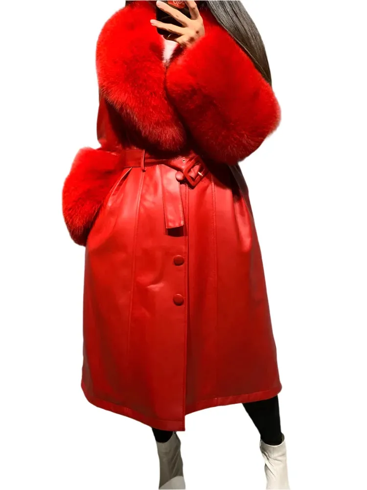 Women's Genuine Leather Coat - Long Coat with Fluffy Fur Collar & Cuffs