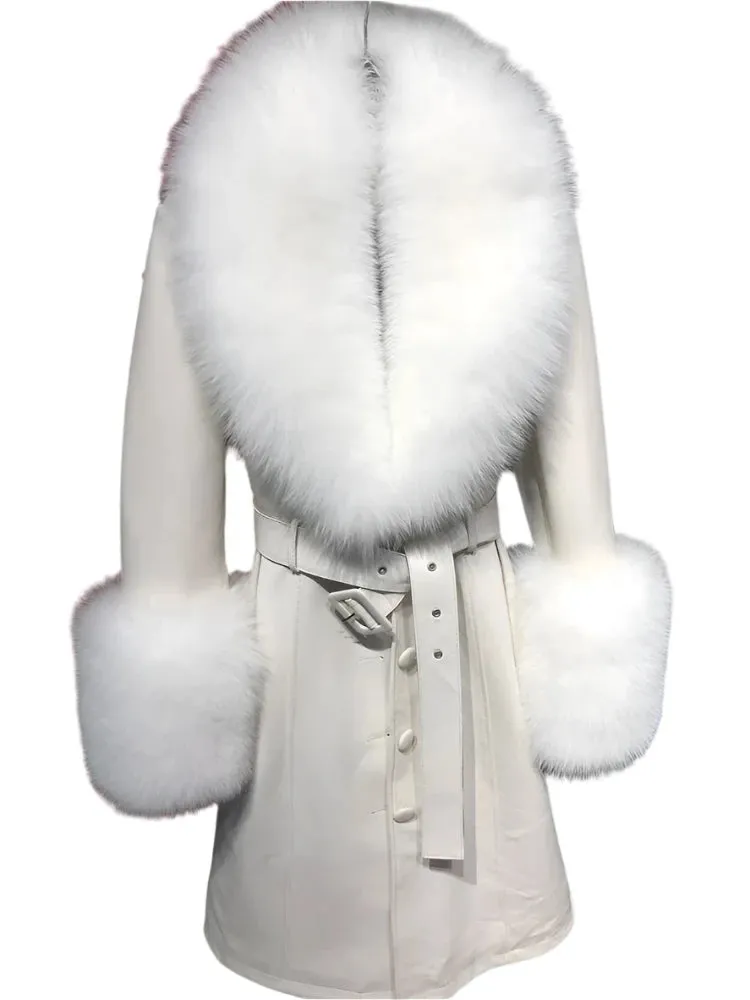 Women's Genuine Leather Coat - Long Coat with Fluffy Fur Collar & Cuffs