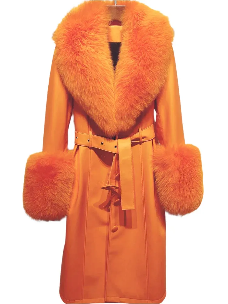 Women's Genuine Leather Coat - Long Coat with Fluffy Fur Collar & Cuffs