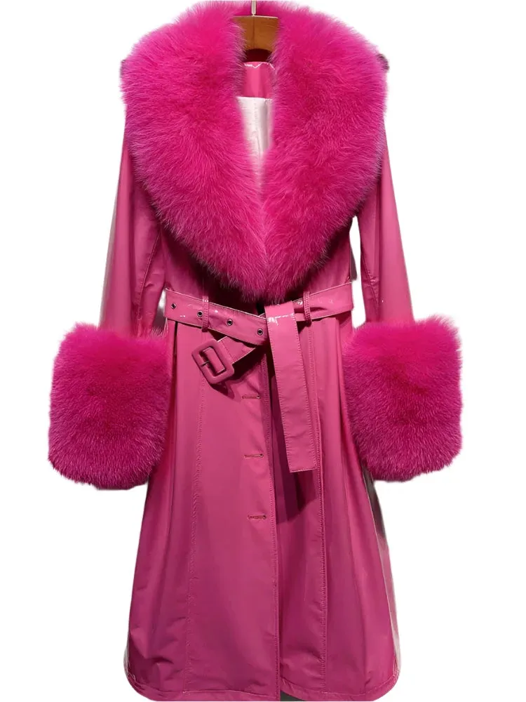 Women's Genuine Leather Coat - Long Coat with Fluffy Fur Collar & Cuffs