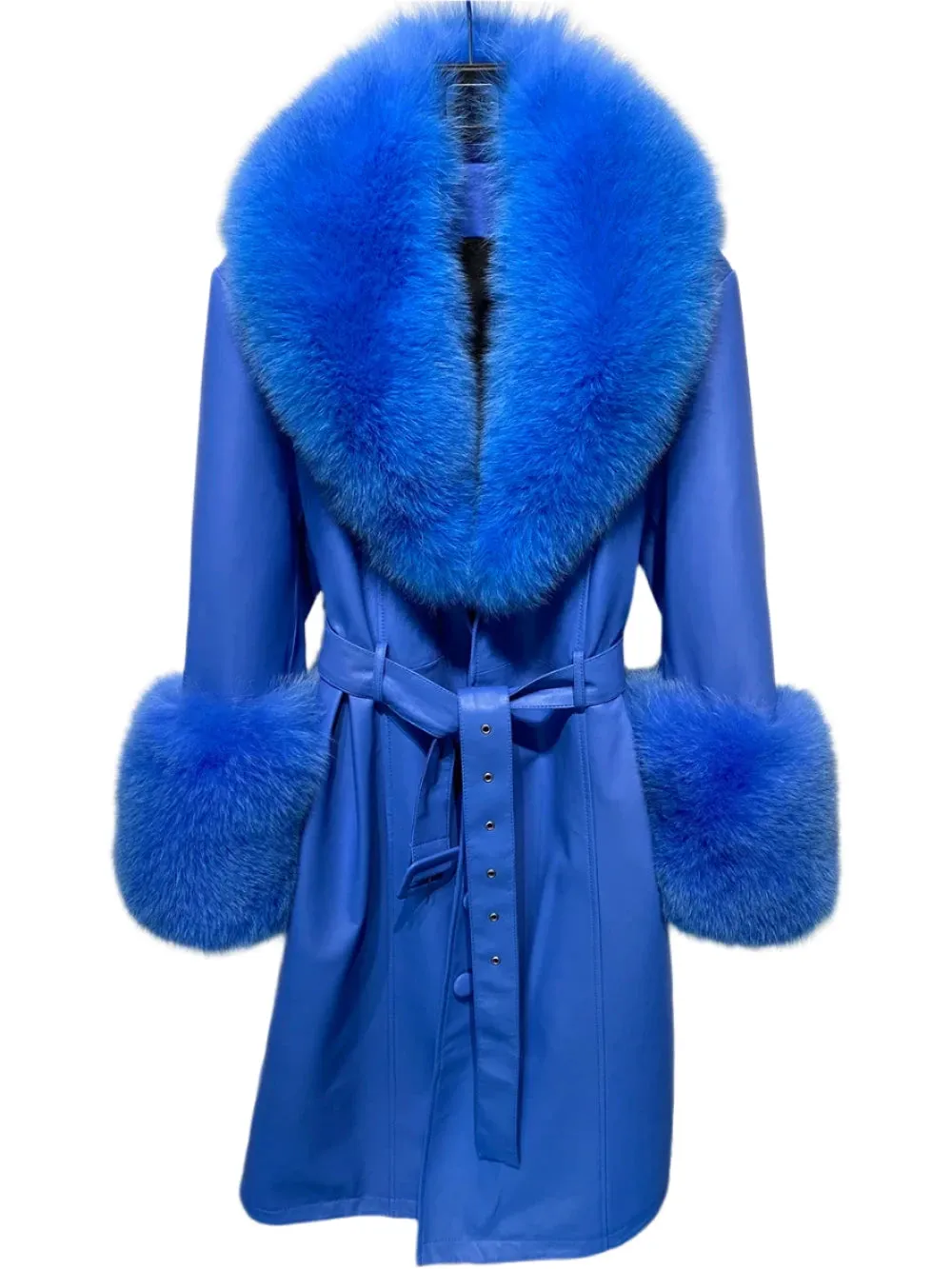 Women's Genuine Leather Coat - Long Coat with Fluffy Fur Collar & Cuffs