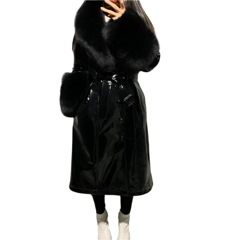 Women's Genuine Leather Coat - Long Coat with Fluffy Fur Collar & Cuffs