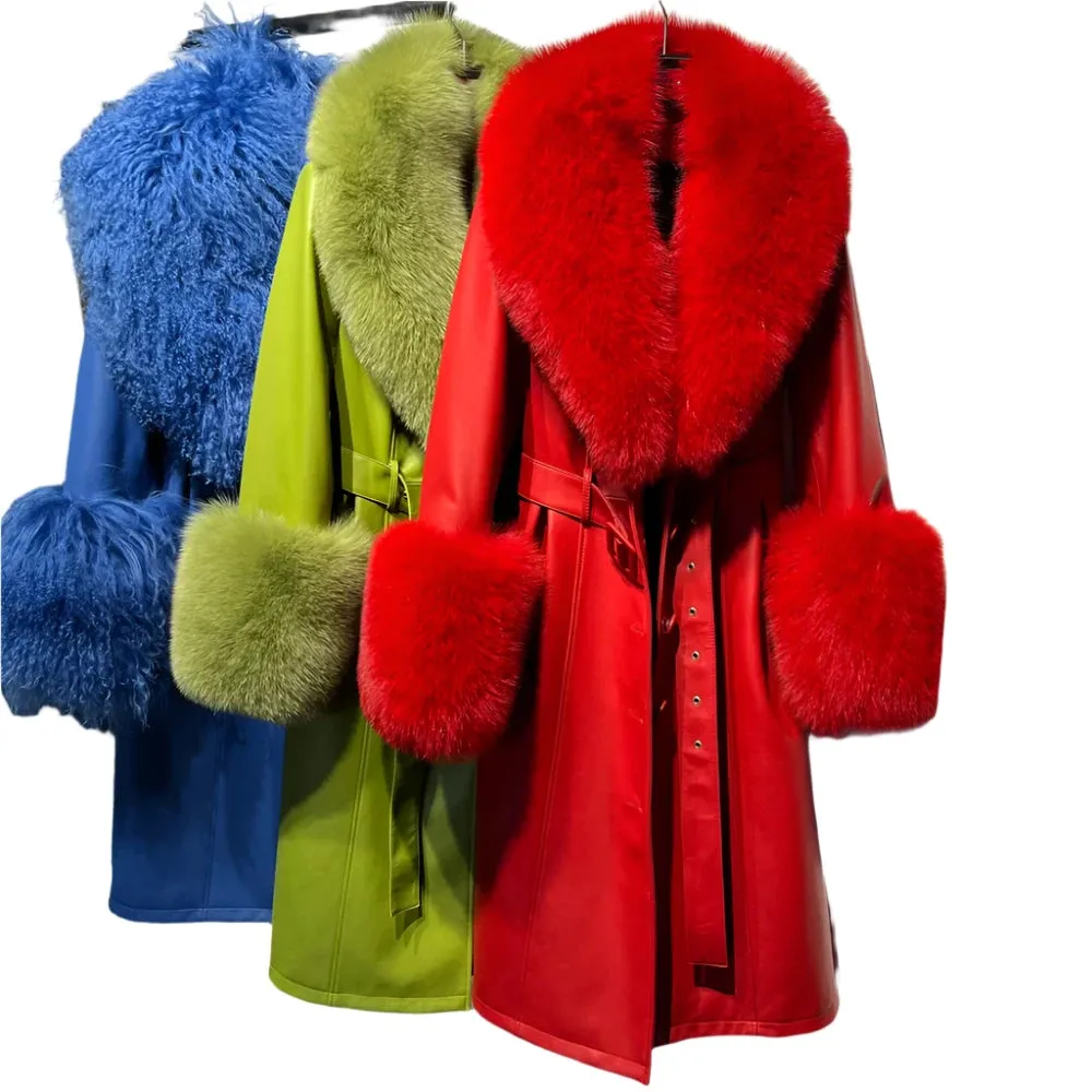 Women's Genuine Leather Coat - Long Coat with Fluffy Fur Collar & Cuffs