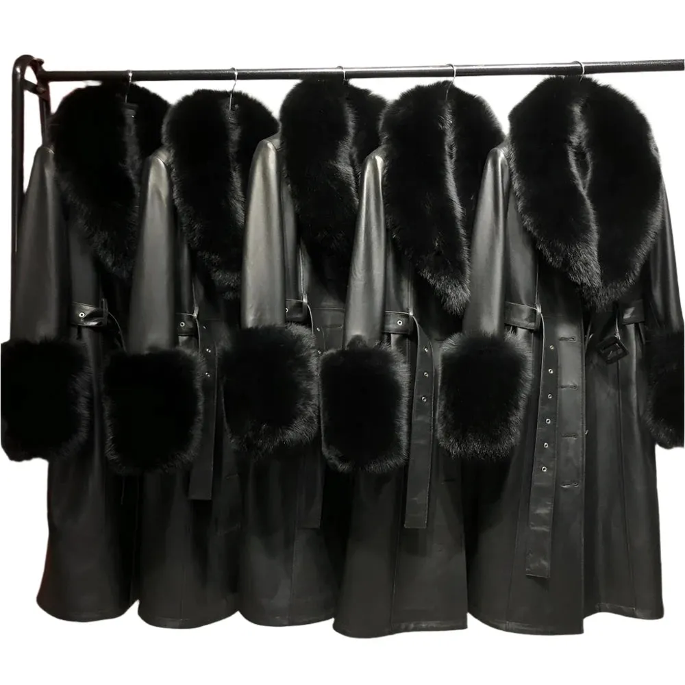 Women's Genuine Leather Coat - Long Coat with Fluffy Fur Collar & Cuffs